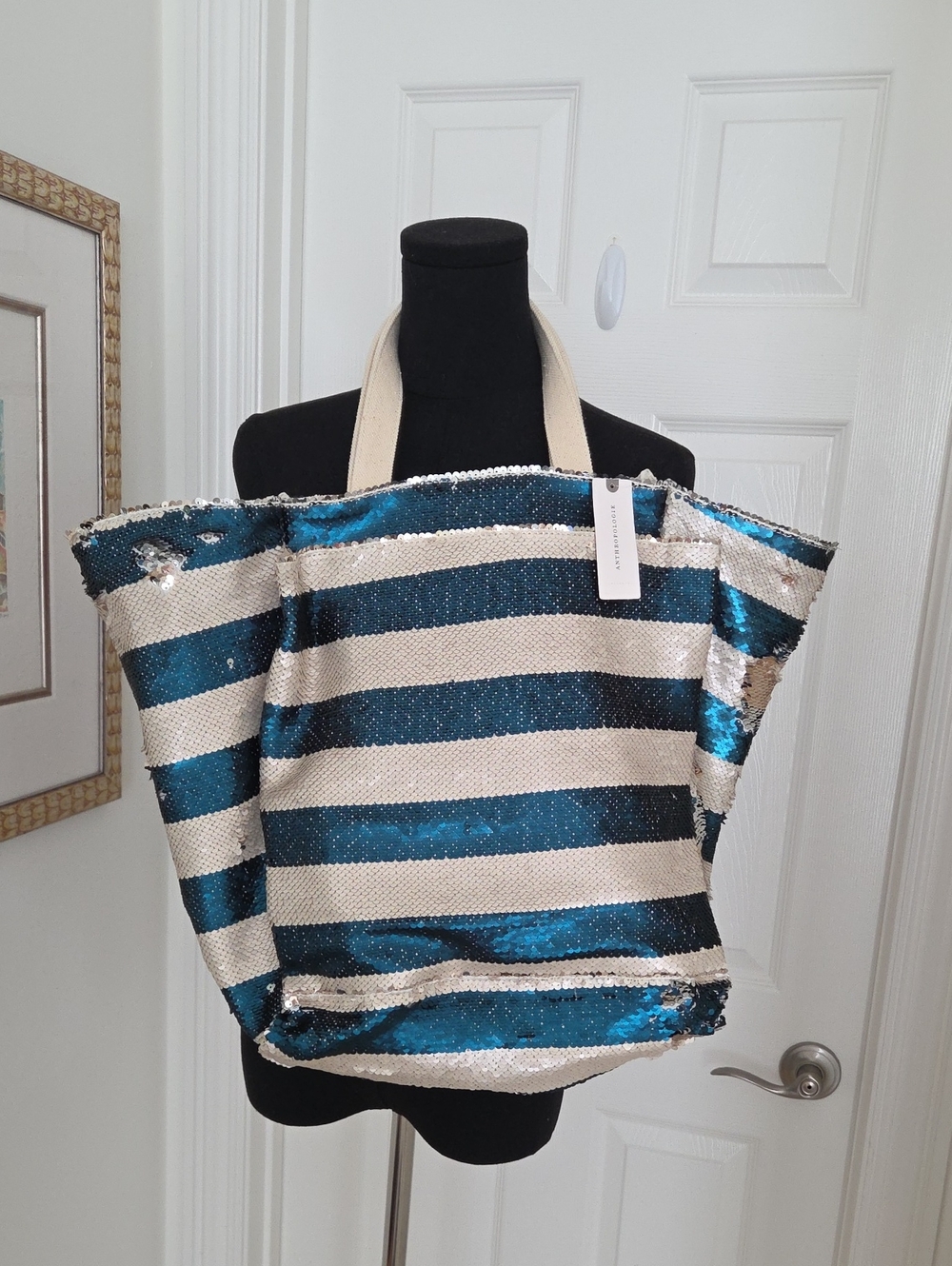 Anthropologie Large Sequin Striped Tote Bag - Blue and Cream. NWT.